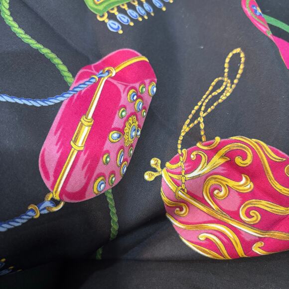 Vintage Talbots pure silk scarf black & gem tones large square handbags motif - Picture 10 of 10